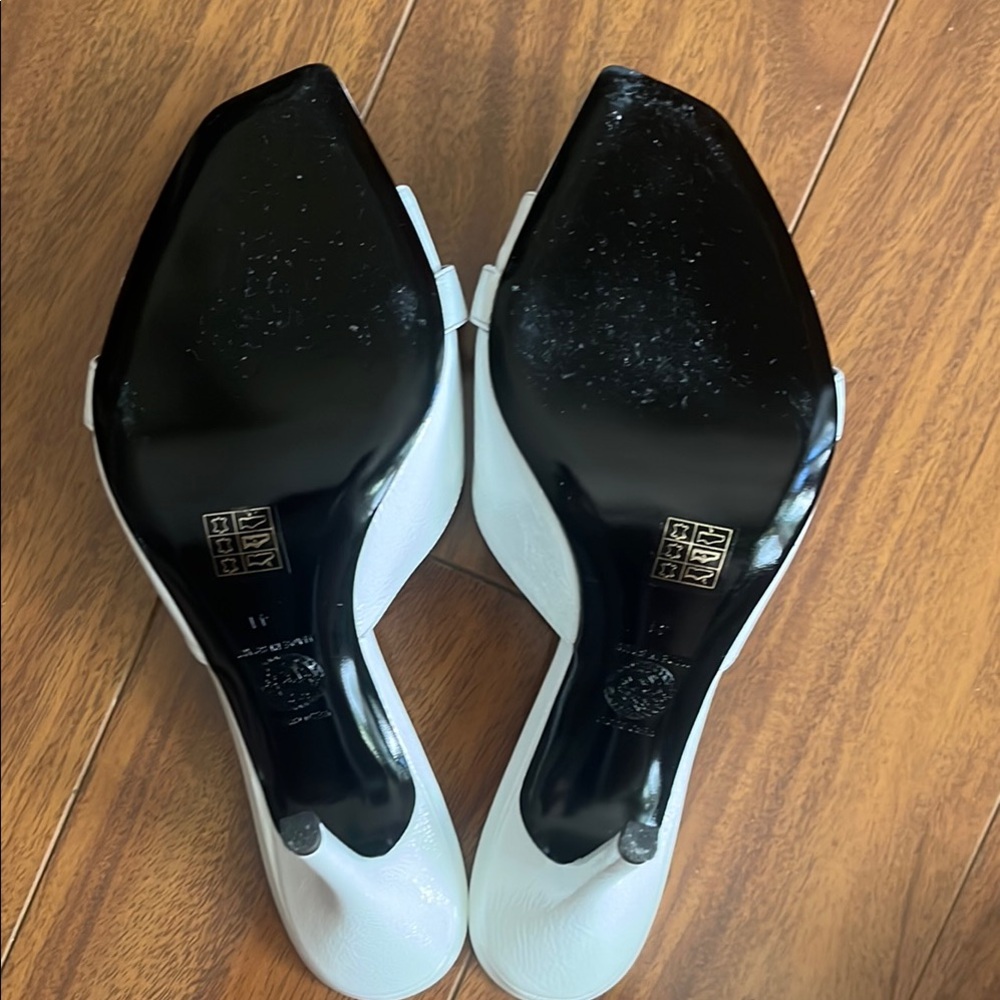 Versace White Leather Gold Medusa-Button Mules - Picture 5 of 7